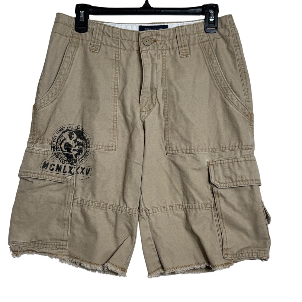 Tommy Hilfiger Cargo Shorts Mens 29 Tan Y2K Streetwear Graphic Cutoff MCMLXXXV